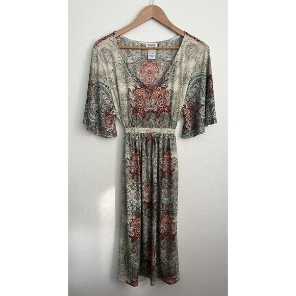 Monroe & Main Bohemian Paisley Print Midi Dress Flowy Cinched Waist Stretch - Picture 1 of 6